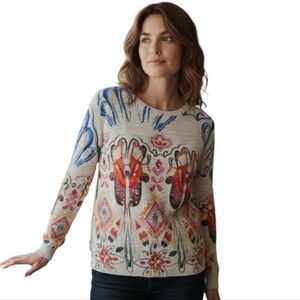 Desigual White Lihhtweight Cotton Sweater Colourful Florals Sequins Embroidery M